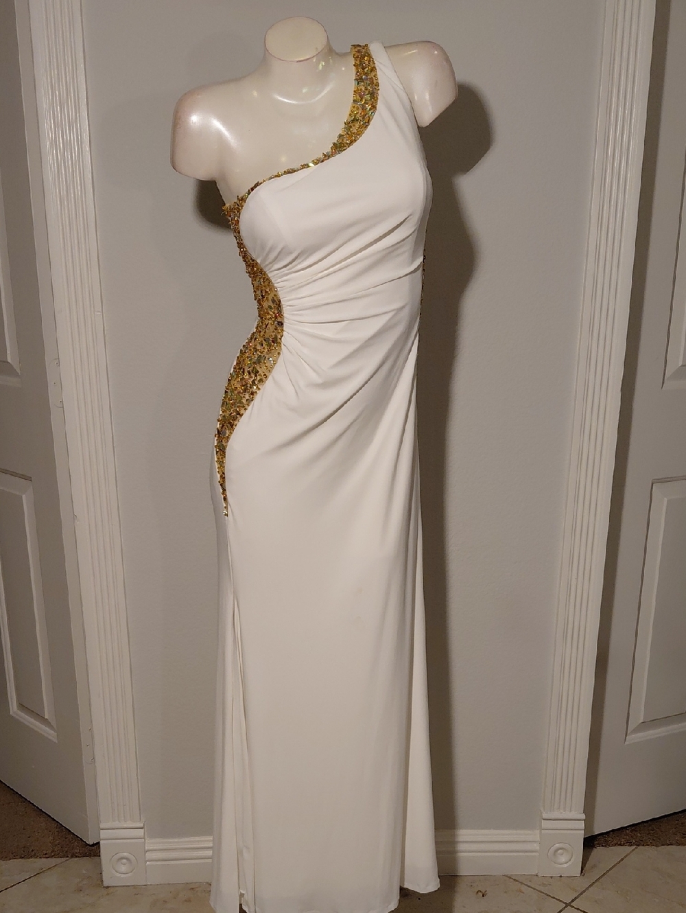 One-Shoulder White Gown w/ Gold Sequin Trim